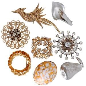 VTG Brooch Lot Of 8 Mid Century Silver Gold Tone Filigree Pins Bird Rhinestones